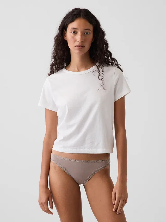 Bikini en coton stretch bio ultra-doux avec bordure en dentelle