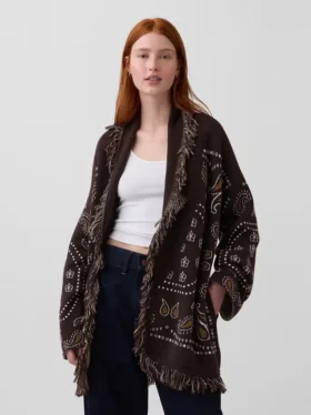 Cardigan châle à franges en mélange de coton