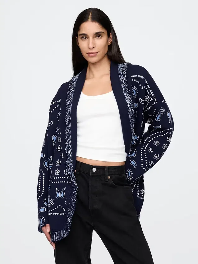 Cardigan châle à franges en mélange de coton