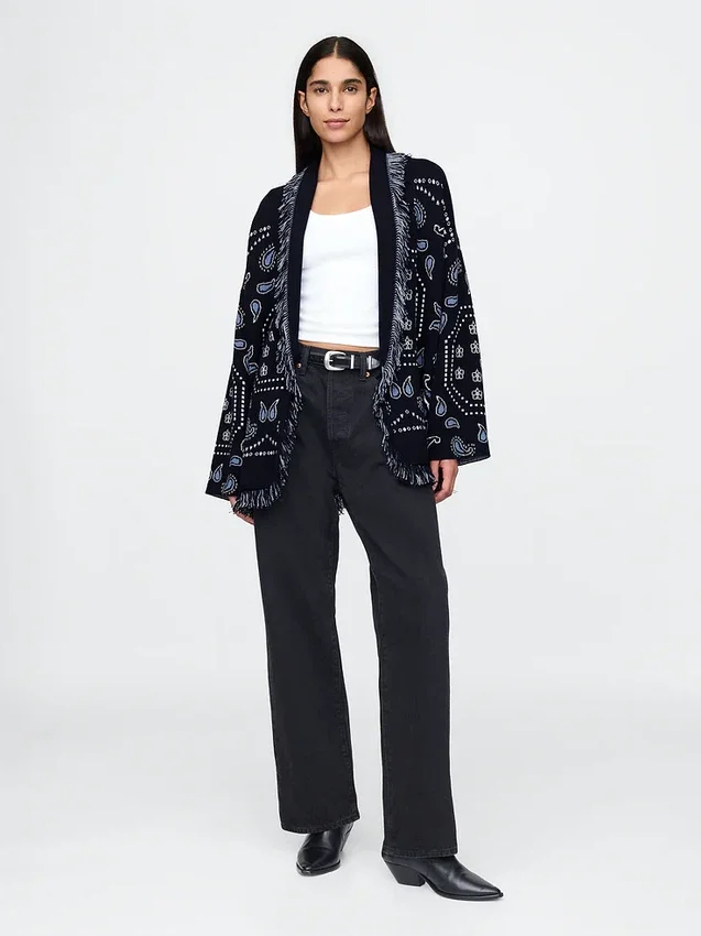 Cardigan châle à franges en mélange de coton
