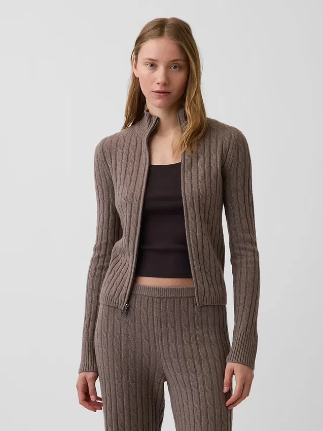 Cardigan court zippé CashSoft en maille torsadée