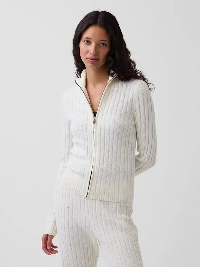 Cardigan court zippé CashSoft en maille torsadée