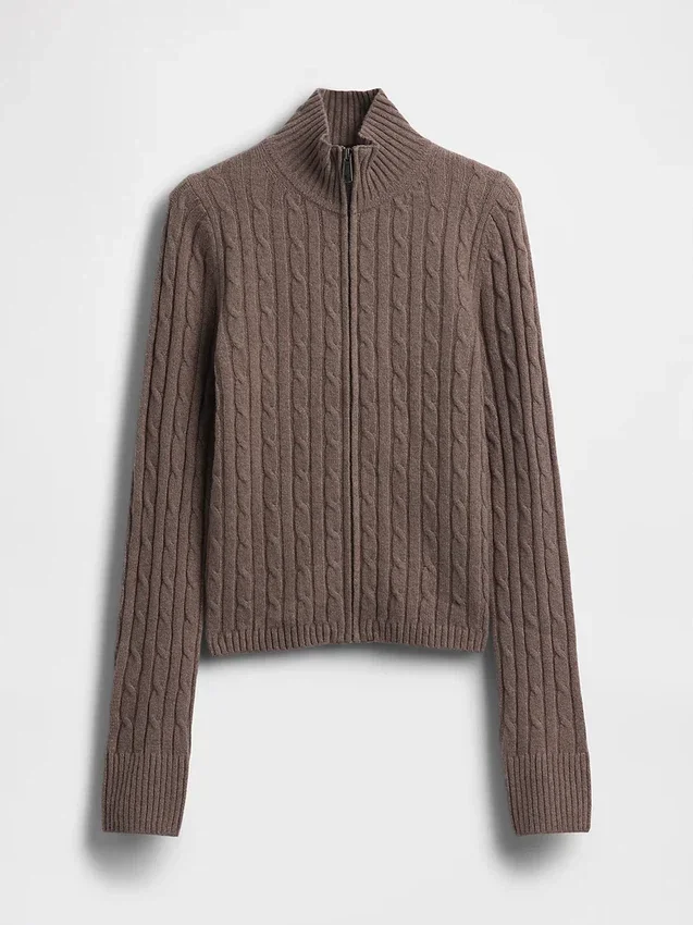 Cardigan court zippé CashSoft en maille torsadée