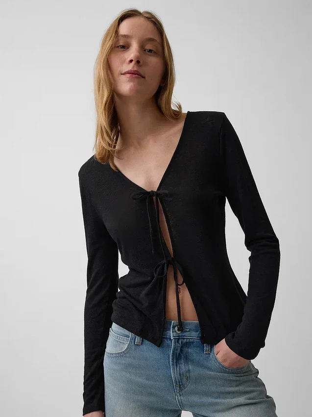 Cardigan à nouer sur le devant en mélange de lin