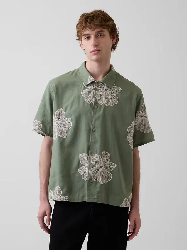 Chemise ample à ourlet droit en lin et coton