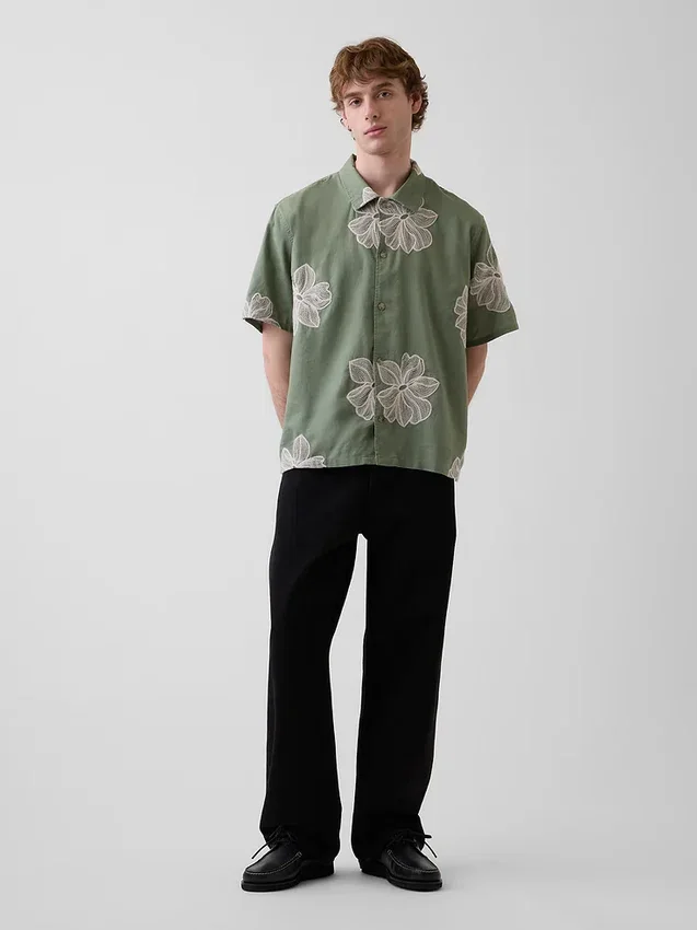 Chemise ample à ourlet droit en lin et coton