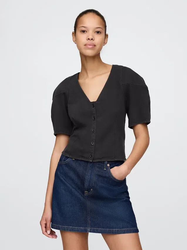 Chemise courte en denim à manches évasées