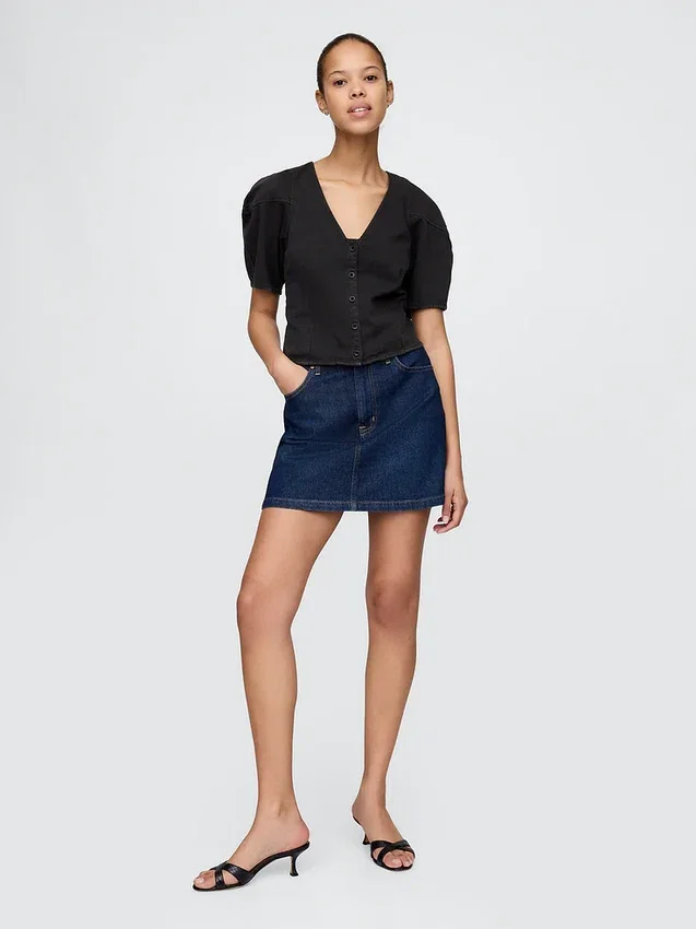 Chemise courte en denim à manches évasées