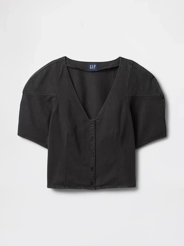 Chemise courte en denim à manches évasées