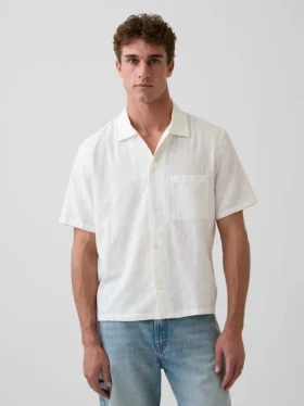 Chemise en coton dobby à ourlet droit et coupe décontractée