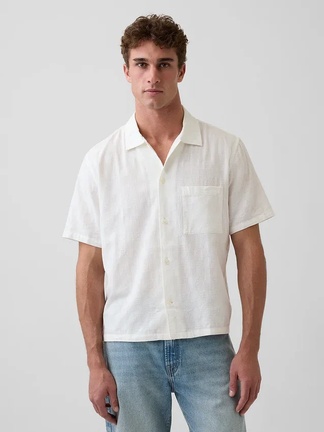 Chemise en coton dobby à ourlet droit et coupe décontractée