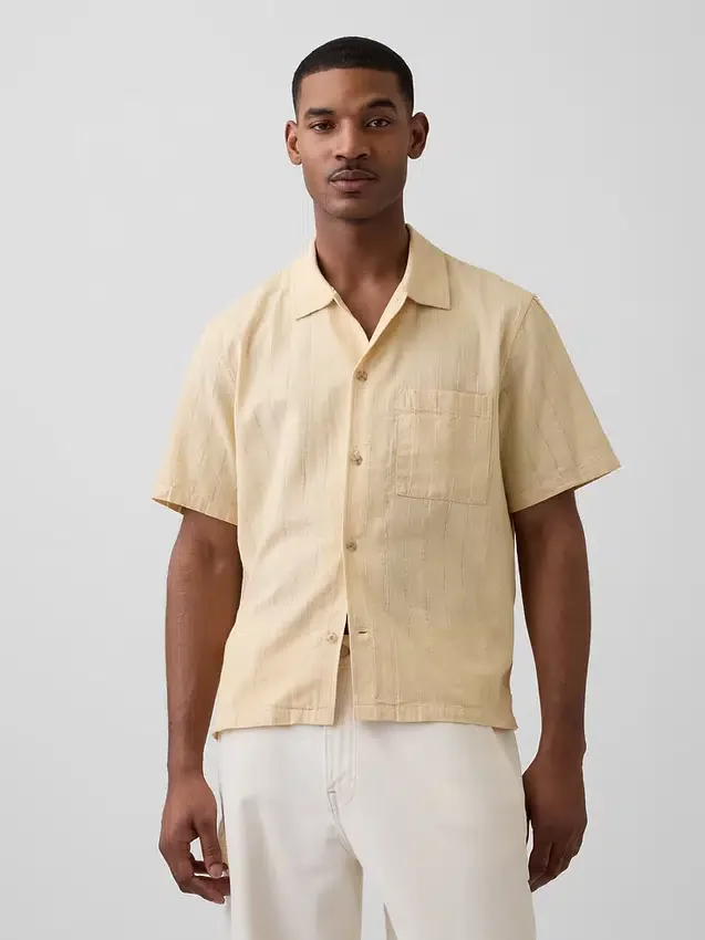 Chemise en coton dobby à ourlet droit et coupe décontractée