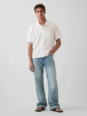 Chemise en coton dobby à ourlet droit et coupe décontractée