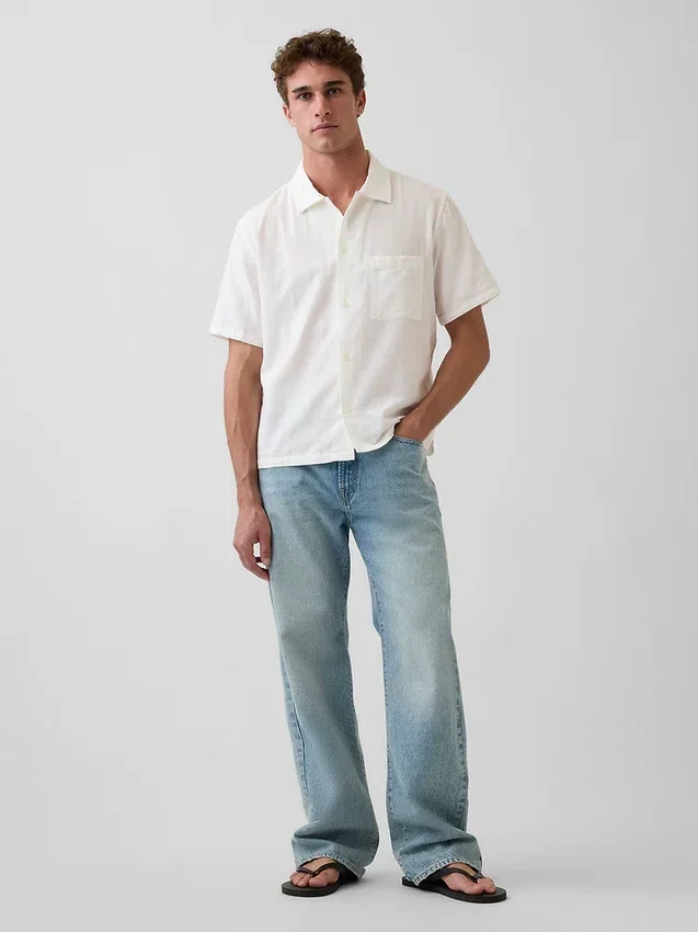 Chemise en coton dobby à ourlet droit et coupe décontractée