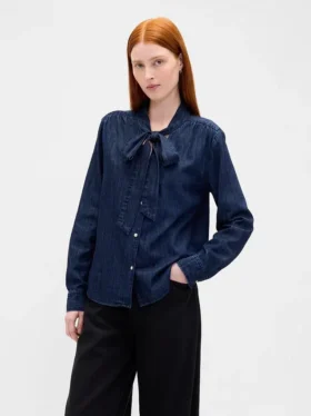 Chemise en denim à col noué