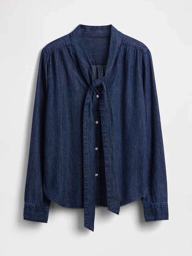 Chemise en denim à col noué