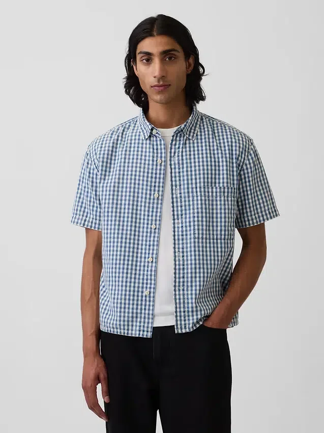 Chemise en denim vichy à coupe ample et ourlet droit