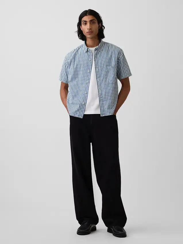 Chemise en denim vichy à coupe ample et ourlet droit