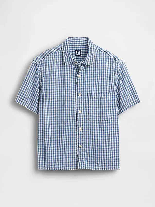 Chemise en denim vichy à coupe ample et ourlet droit