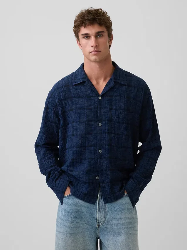 Chemise en seersucker à coupe ample et ourlet droit