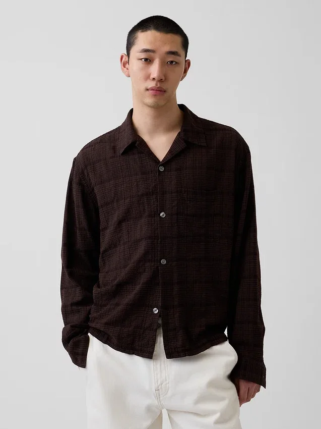 Chemise en seersucker à coupe ample et ourlet droit