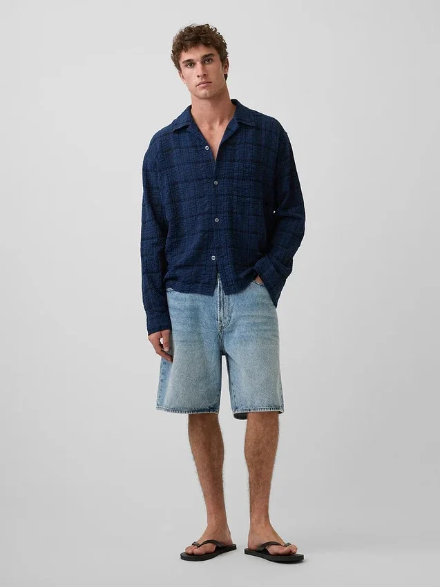 Chemise en seersucker à coupe ample et ourlet droit