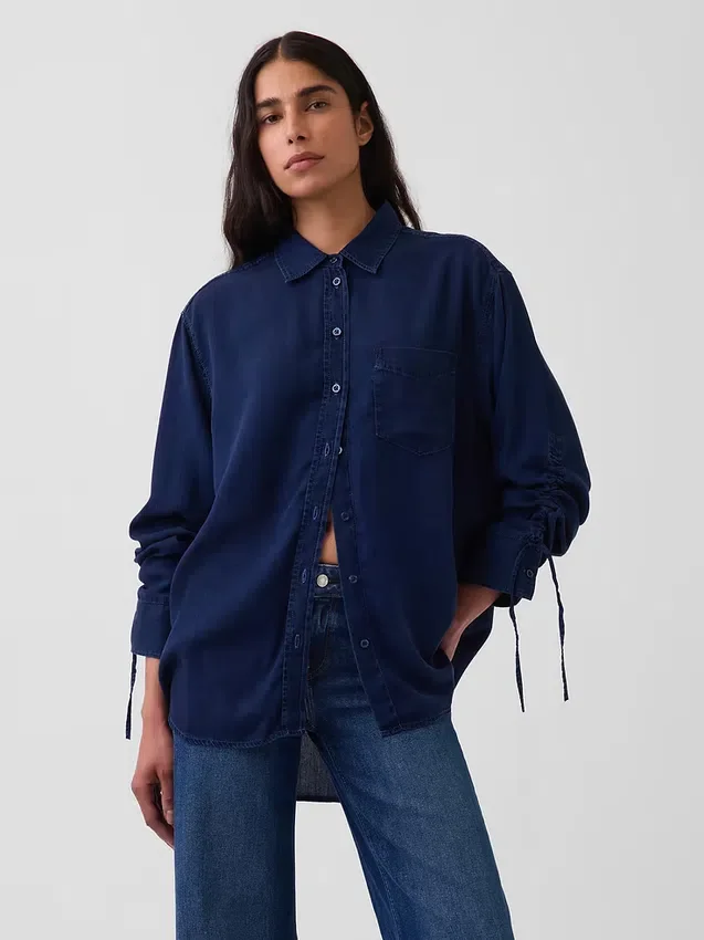 Chemise oversize en denim à manches froncées