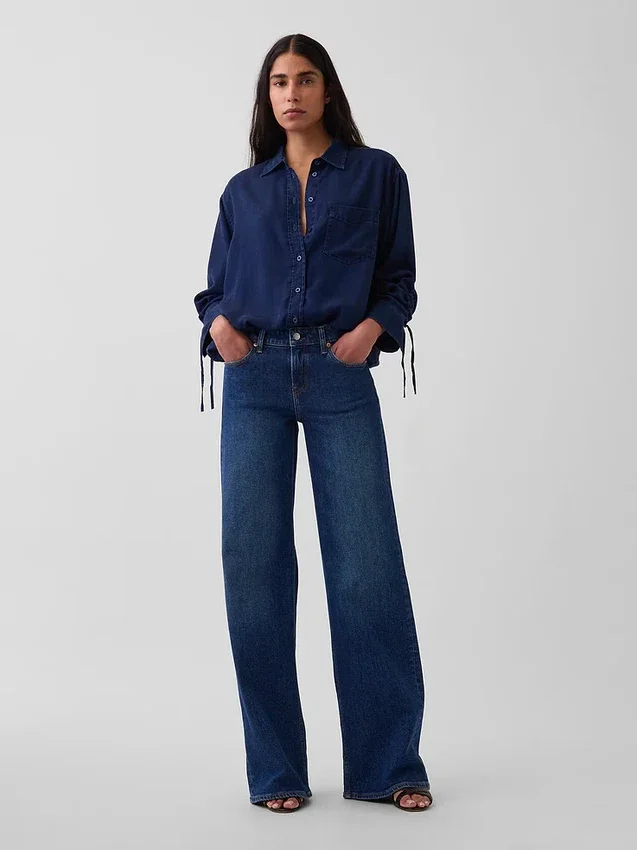 Chemise oversize en denim à manches froncées