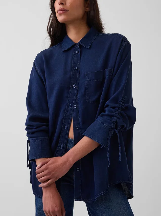 Chemise oversize en denim à manches froncées