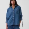Chemise oversize en denim ultra-doux à manches froncées