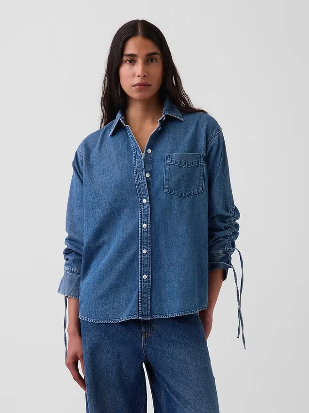 Chemise oversize en denim ultra-doux à manches froncées