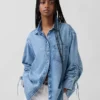 Chemise oversize en denim ultra-doux à manches froncées