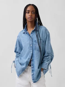 Chemise oversize en denim ultra-doux à manches froncées