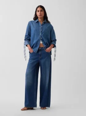 Chemise oversize en denim ultra-doux à manches froncées