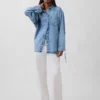 Chemise oversize en denim ultra-doux à manches froncées