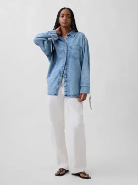 Chemise oversize en denim ultra-doux à manches froncées