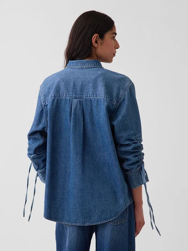 Chemise oversize en denim ultra-doux à manches froncées