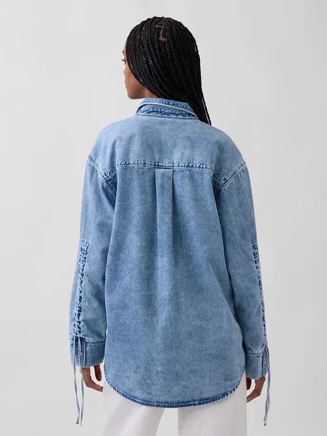 Chemise oversize en denim ultra-doux à manches froncées