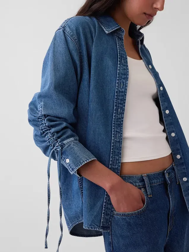 Chemise oversize en denim ultra-doux à manches froncées