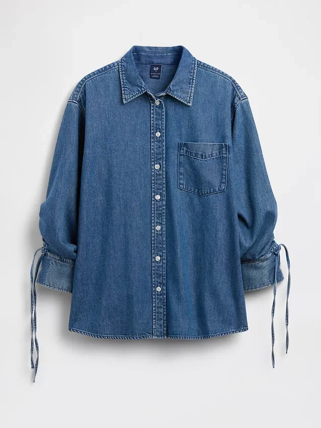 Chemise oversize en denim ultra-doux à manches froncées