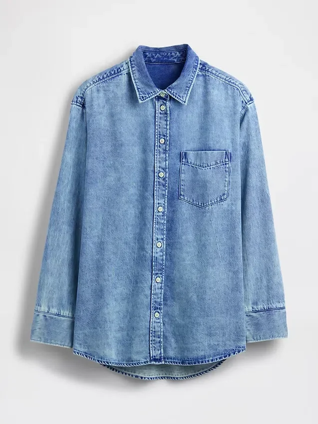 Chemise oversize en denim ultra-doux à manches froncées