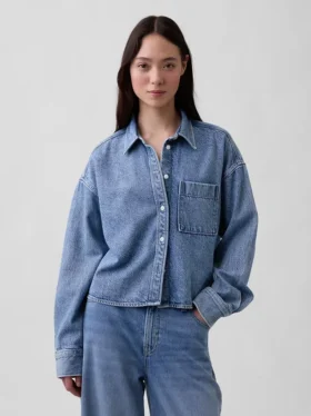 Chemise oversize en denim ultra-doux à ourlet droit et coupe courte