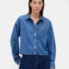 Chemise oversize en denim ultra-doux à ourlet droit et coupe courte