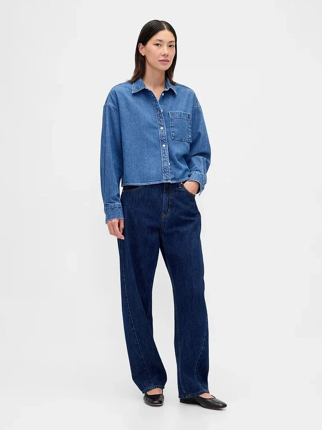 Chemise oversize en denim ultra-doux à ourlet droit et coupe courte