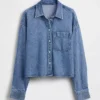 Chemise oversize en denim ultra-doux à ourlet droit et coupe courte