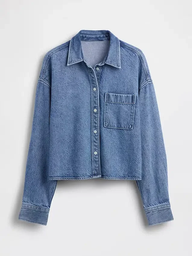 Chemise oversize en denim ultra-doux à ourlet droit et coupe courte