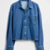 Chemise oversize en denim ultra-doux à ourlet droit et coupe courte