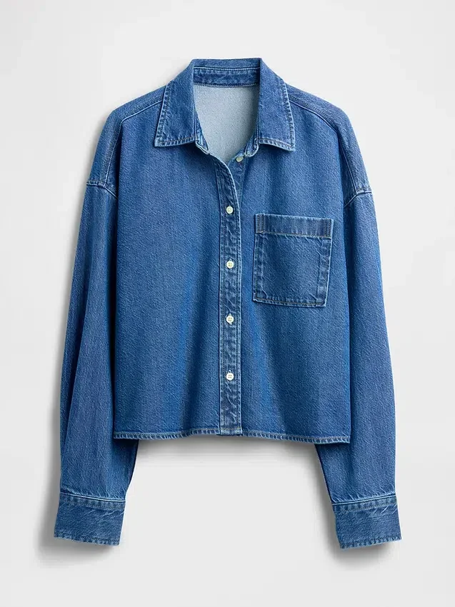 Chemise oversize en denim ultra-doux à ourlet droit et coupe courte