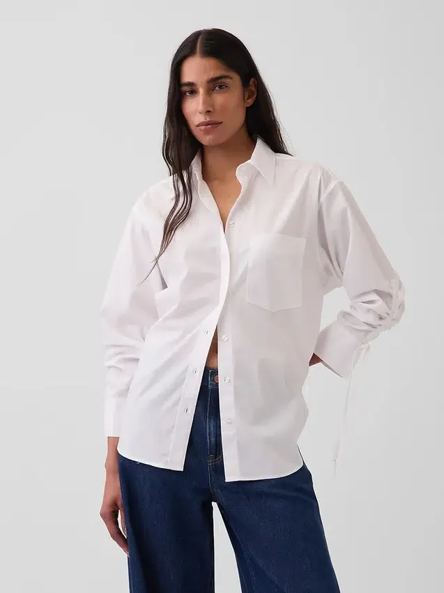 Chemise oversize en popeline de coton bio à manches froncées