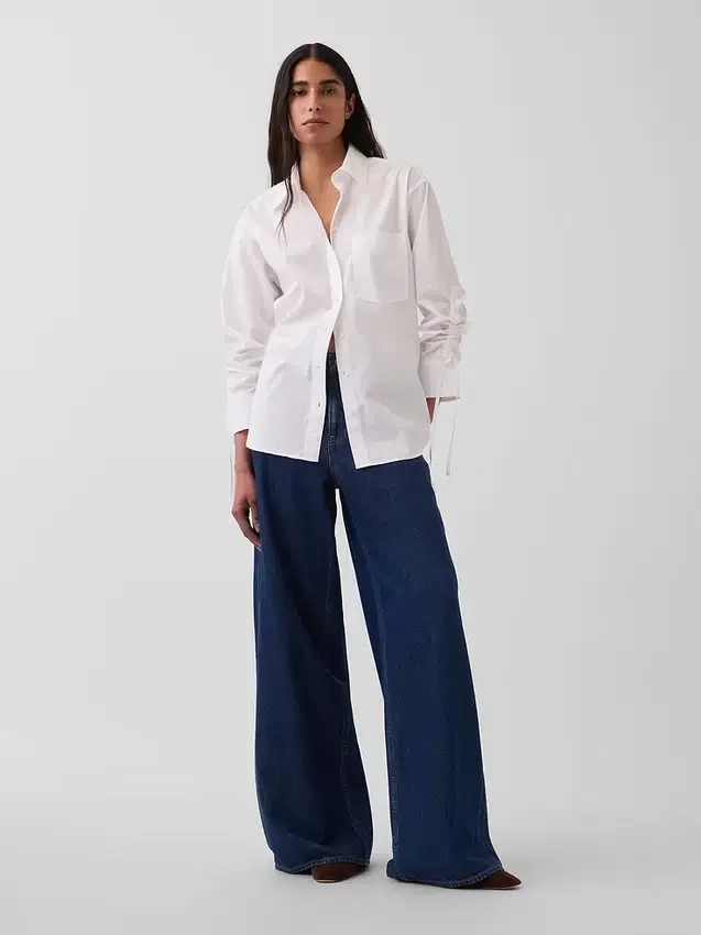 Chemise oversize en popeline de coton bio à manches froncées